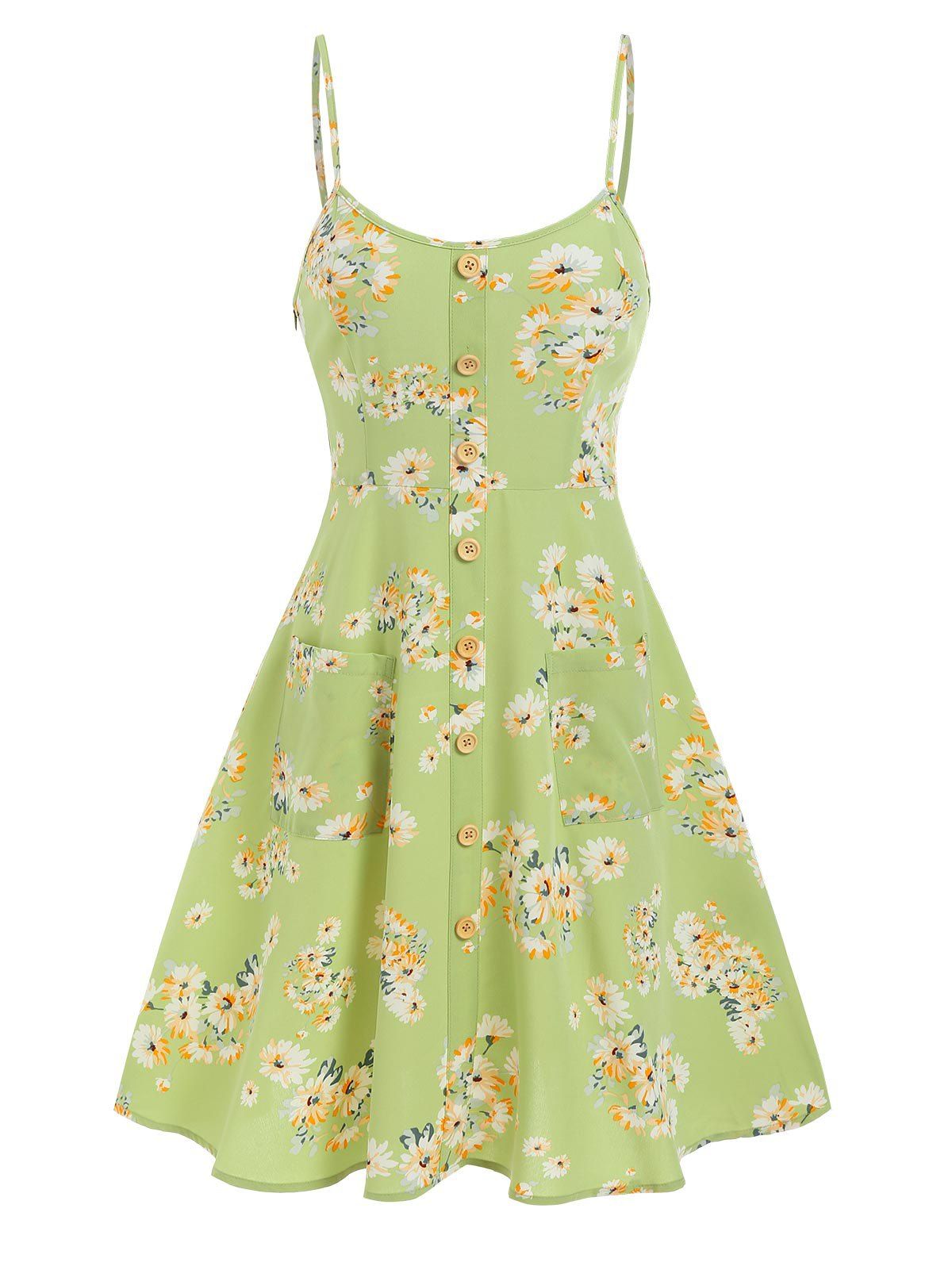 Bohemian Sundress Floral Print Pockets Fit and Flare Dress - LIGHT GREEN L