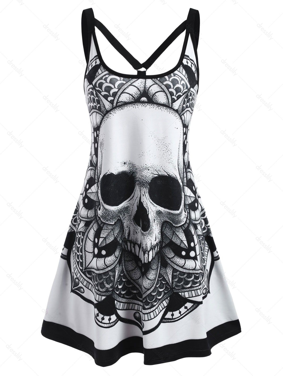 Summer Gothic Skull Flower O Ring Strappy Tank Dress - BLACK L