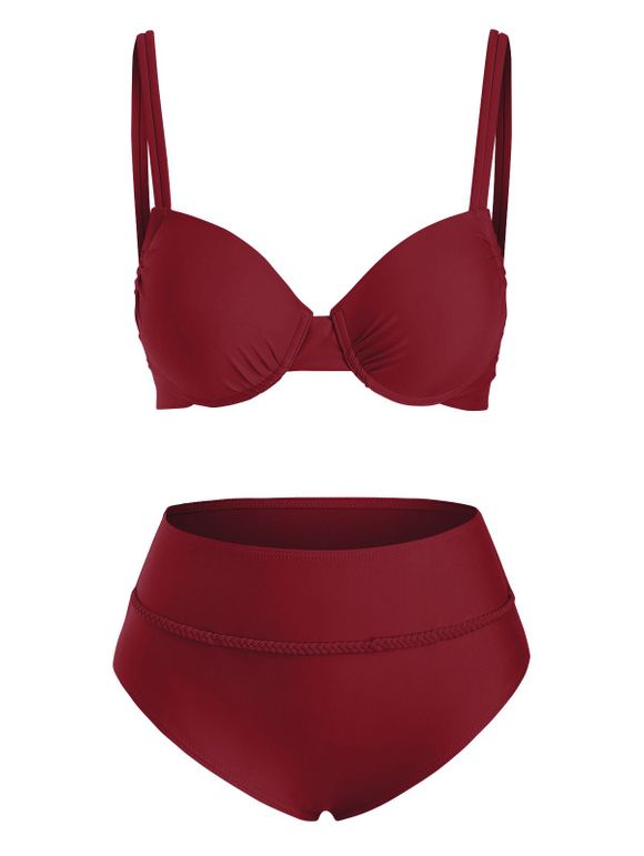 Maillot de Bain Bikini Gainant à Double Bretelle à Armature de Couleur Unie - Rouge foncé XL