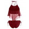 Mesh Flounce Overlay Halter Tie Side Tankini Swimwear - DEEP RED S