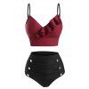 Tummy Control Bikini Swimwear Contrast Colorblock Swimsuit Mock Button Ruffle Sweet Summer Beach Bathing Suit - DEEP RED S