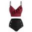 Maillot de Bain Bikini Gainant en Blocs de Couleurs à Faux Bouton à Volants de Plage - Rouge foncé S