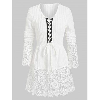 

Ribbed Lace Panel Lacing Knitted Top, White