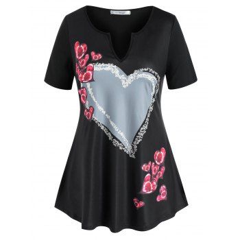 

Plus Size Valentine Heart Print V Notch Tee, Black