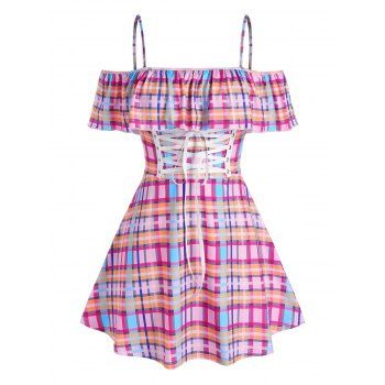 

Plus Size Cold Shoulder Ruffled Lace Up Plaid Dress, Multicolor