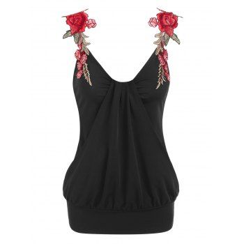 

Flower Embroidered Blouson Tank Top, Black