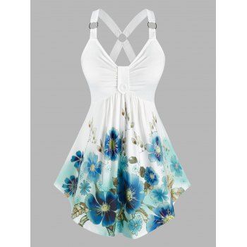 

Plus Size Floral Print O Ring Empire Waist Tank Top, White