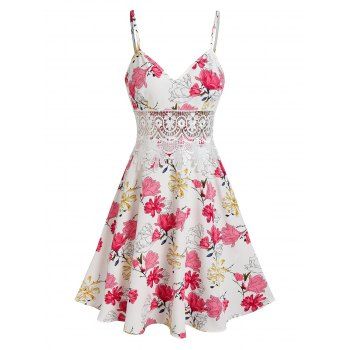 

Bohemian Lace Panel Floral Print A Line Cami Dress, White