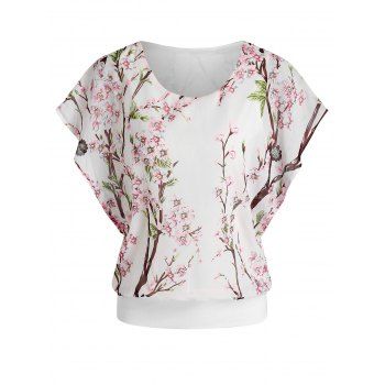 

Floral Print Chiffon Batwing Sleeve Blouse, White