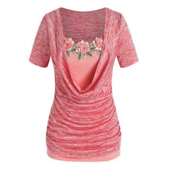 

Plus Size Cowl Neck Space Dye Tee and Floral Applique Tank Top Set, Red