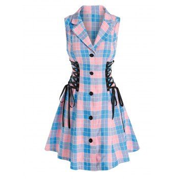 

Plaid Print Lace-up Sleeveless Button Up Dress, Multicolor