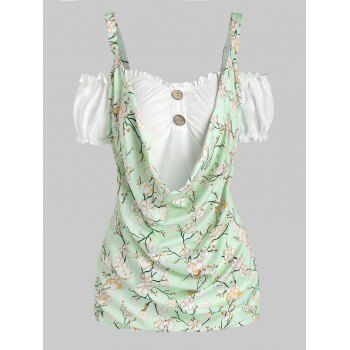 

Flower Print Cold Shoulder Faux Twinset T-shirt, Light green