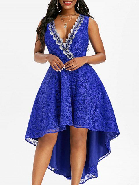 Flowe Lace Plunging High Low Prom Dress Sequined Surplice Dovetail Dress