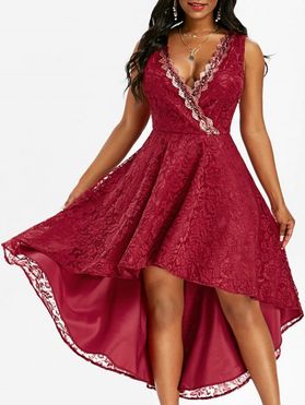 Flowe Lace Plunging High Low Prom Dress Sequined Surplice Dovetail Dress