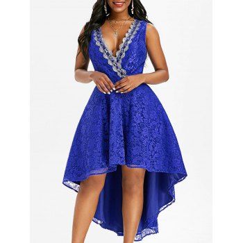 

Flowe Lace Plunging High Low Prom Dress Sequined Surplice Dovetail Dress, Blue