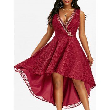 

Flowe Lace Plunging High Low Prom Dress Sequined Surplice Dovetail Dress, Red