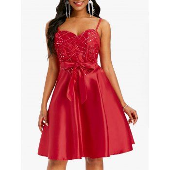 Sequined Lace Insert Belted Cami Party Dress