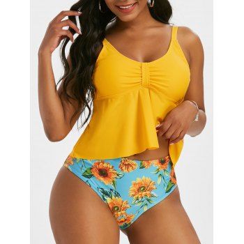 

Vacation Tankini Swimwear Modest Swimsuit Sunflower Print Knotted Empire Waist Bathing Suit, Yellow