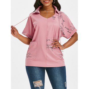 

Drawstring Letter Graphic Front Pocket Top, Light pink