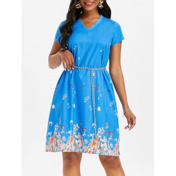

V Neck Printed Trapeze Dress, Blue