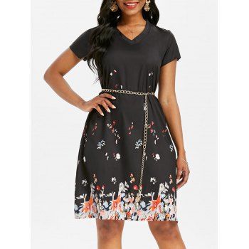 

V Neck Printed Trapeze Dress, Black