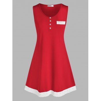 

Mock Button Lace Panel Sleep Dress, Red