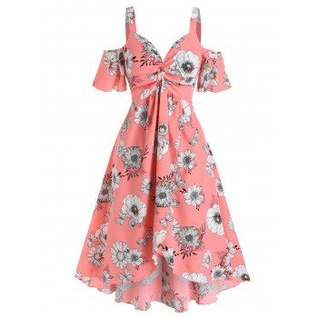 

Vacation Flower Print A Line Midi Dress Cold Shoulder Twisted Overlap Irregular Hem Dress, Light pink
