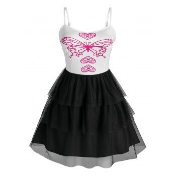 

Plus Size Butterfly Print Layered Mesh Dress, Multicolor