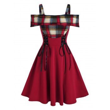 

Lace Up Corset Style Cold Shoulder Plaid Dress, Deep red