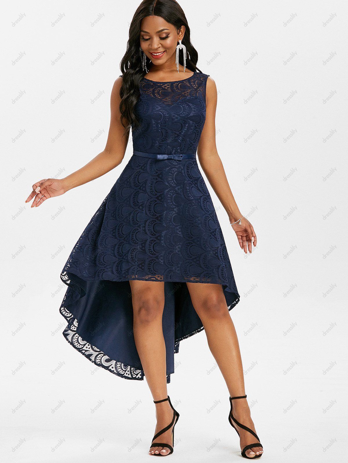 [38% OFF] 2021 Lace V Back Dip Hem Midi Party Dress In DEEP BLUE | DressLily