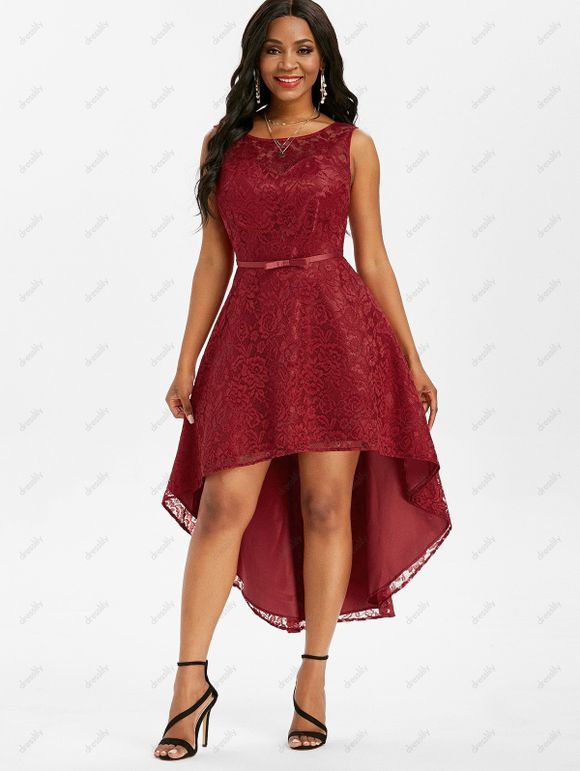 Robe de Soirée Mi-Longue en Dentelle Au Dos en V - Rouge foncé S