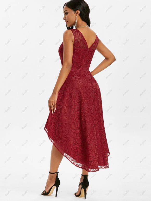 Robe de Soirée Mi-Longue en Dentelle Au Dos en V - Rouge foncé S