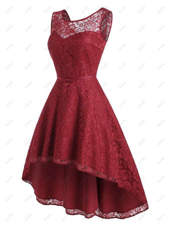 Robe de Soirée Mi-Longue en Dentelle Au Dos en V - Rouge foncé S