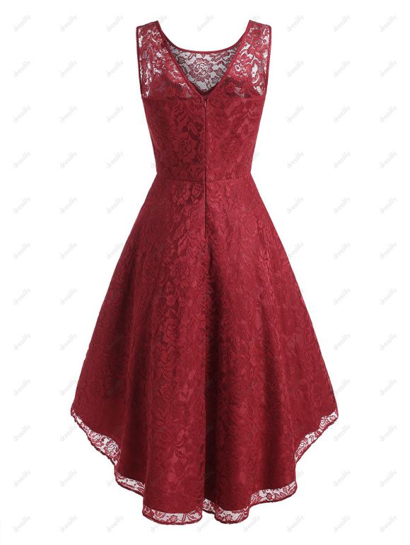 Robe de Soirée Mi-Longue en Dentelle Au Dos en V - Rouge foncé S