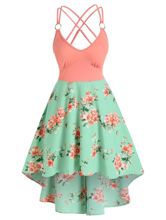 Strappy Floral Print High Low Dress - LIGHT PINK L