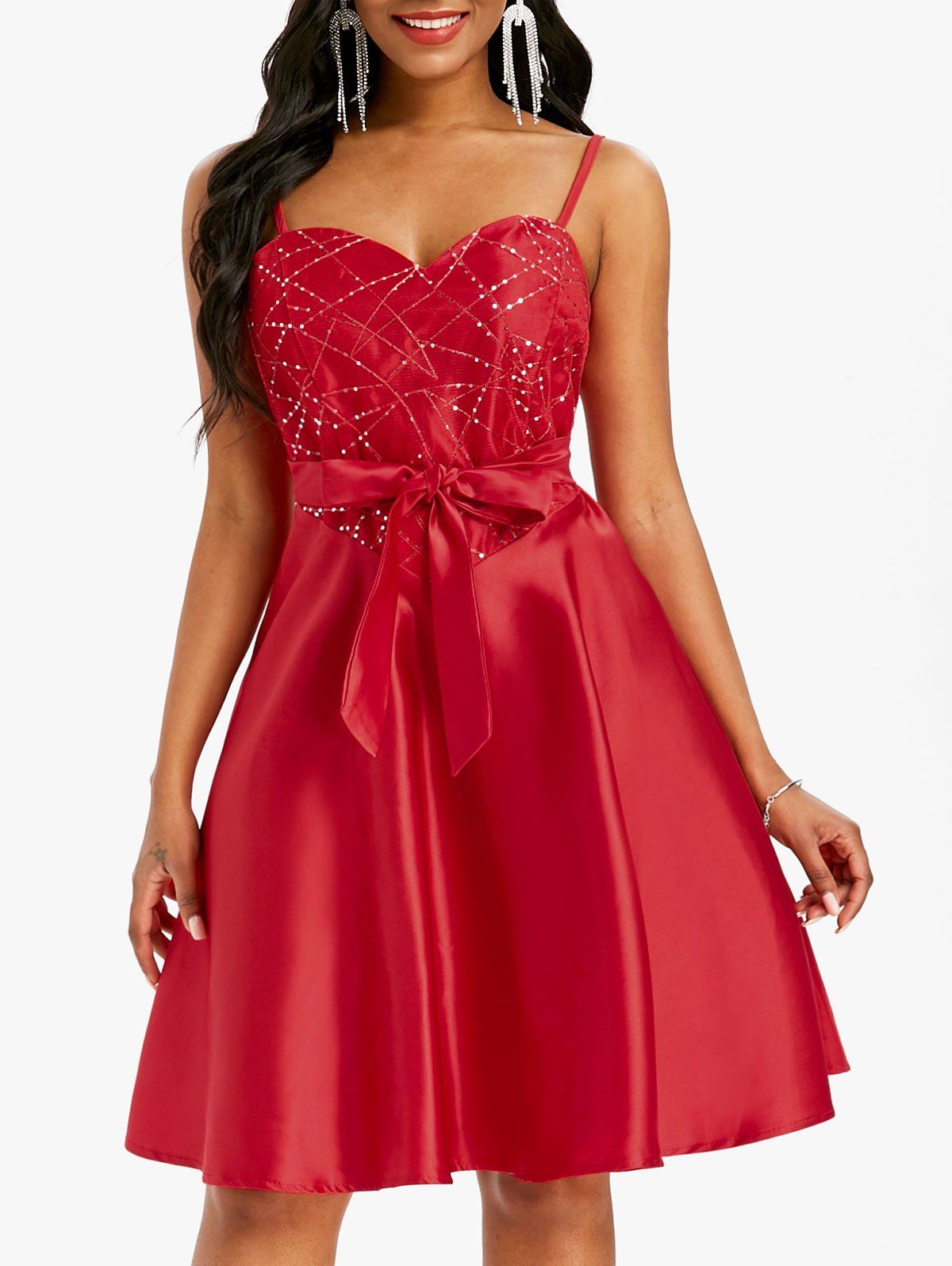 Sequined Lace Insert Bowknot Belted Cami Party Dress - RED S