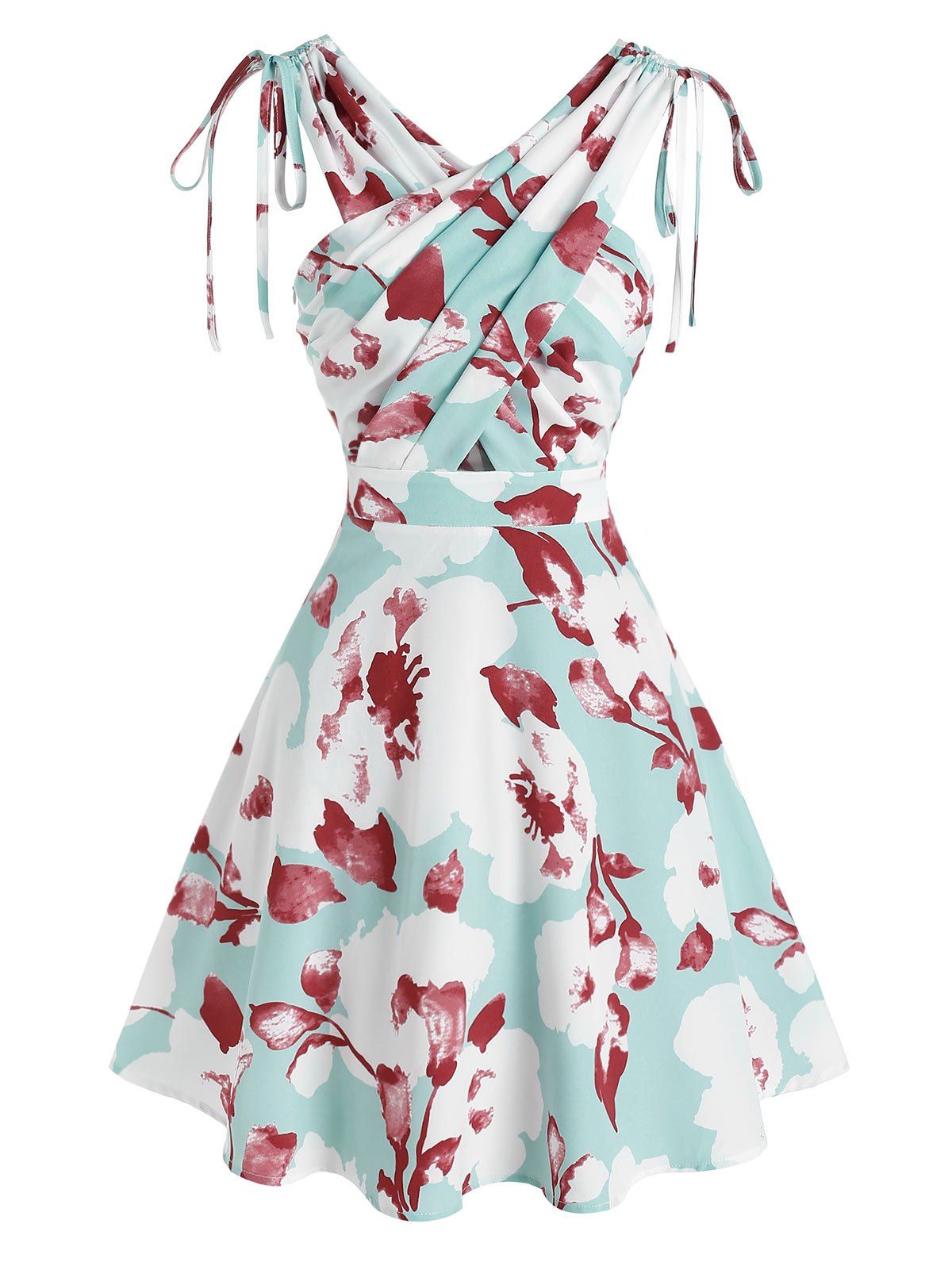 Summer Mini Dress Crisscross Cinched Tie Floral Print Cut Out Vacation A Line Dress - LIGHT BLUE XL