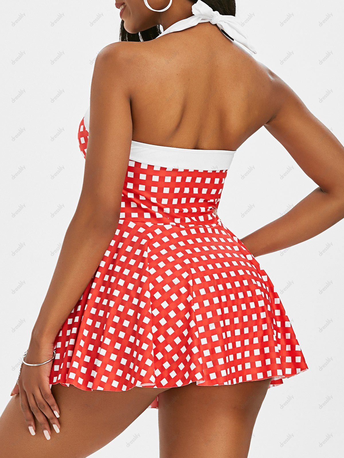 25 Off 2021 Gingham Halter Bowknot Backless Skirted One Piece Swimsuit In Red Dresslily 3740