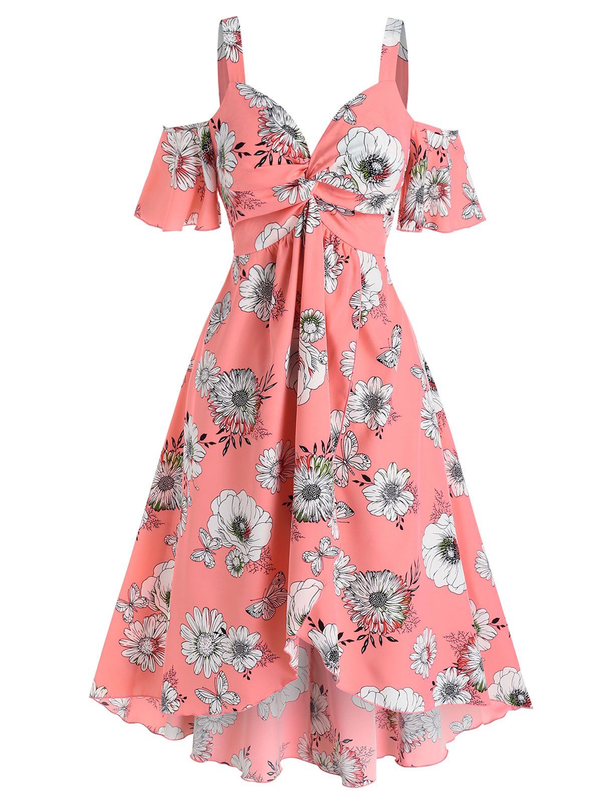 Vacation Flower Print A Line Midi Dress Cold Shoulder Twisted Overlap Irregular Hem Dress - LIGHT PINK XL