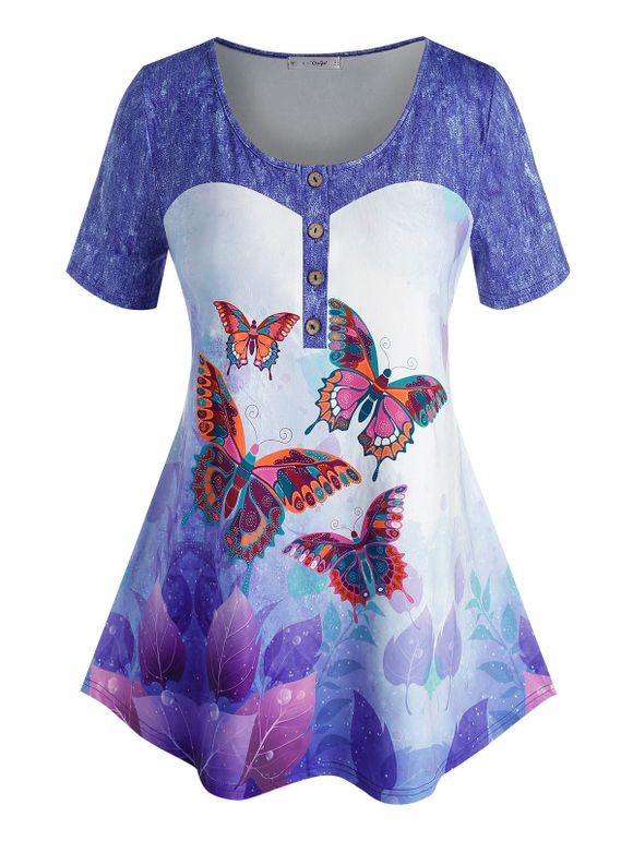 T-shirt à Imprimé Feuille Papillon à Manches Courtes de Grande Taille en Denim - Bleu L