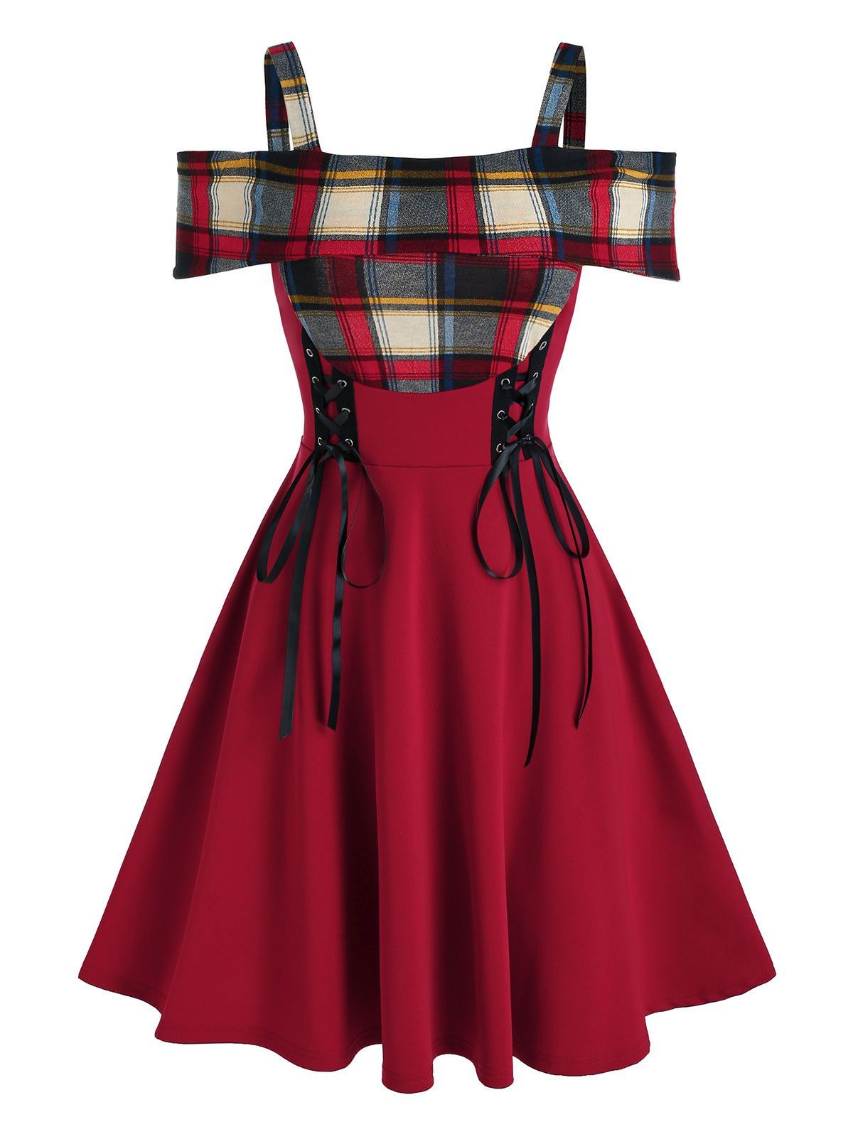 Lace Up Corset Style Cold Shoulder Plaid Dress - DEEP RED 2XL