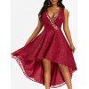 Flowe Lace Plunging High Low Prom Dress Sequined Surplice Dovetail Dress - RED S