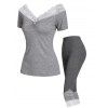Ensemble de Pantalon Longue Contrasté en Dentelle Insérée avec Bouton à Volants - Gris S