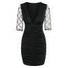 Lace Half Sleeve Plunging Neck Bodycon Dress - BLACK M