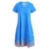 V Neck Printed Trapeze Dress - BLUE S