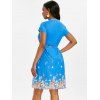 V Neck Printed Trapeze Dress - BLUE L