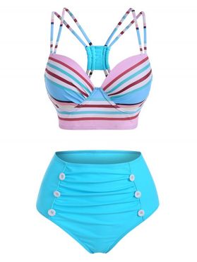 Colorful Striped Strappy Mock Button Moulded Bikini Swimwear