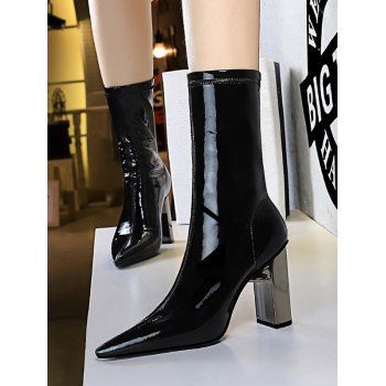 

Patent Leather Metallic Chunky Heel Mid Calf Boots, Black