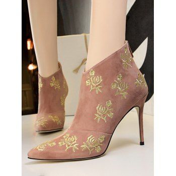 

Retro Golden Flower Embroidered Suede Ankle Boots, Pink