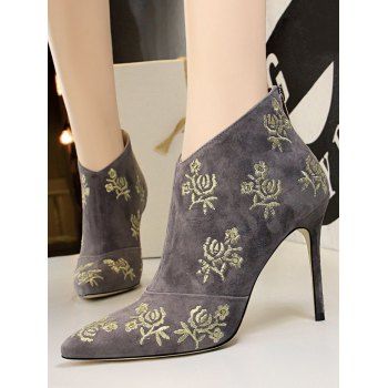 

Retro Golden Flower Embroidered Suede Ankle Boots, Gray